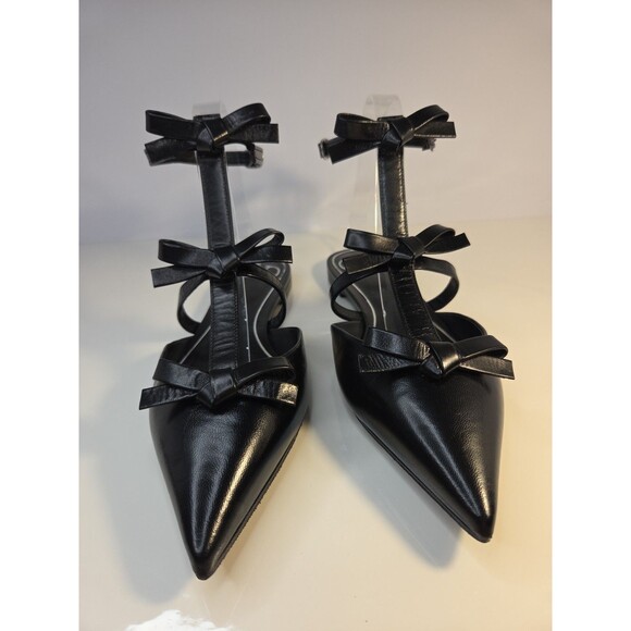 Garavani Valentino EU 37.5 Black Leather Flat Sandals French Bows & Ankle Strap - Picture 4 of 16